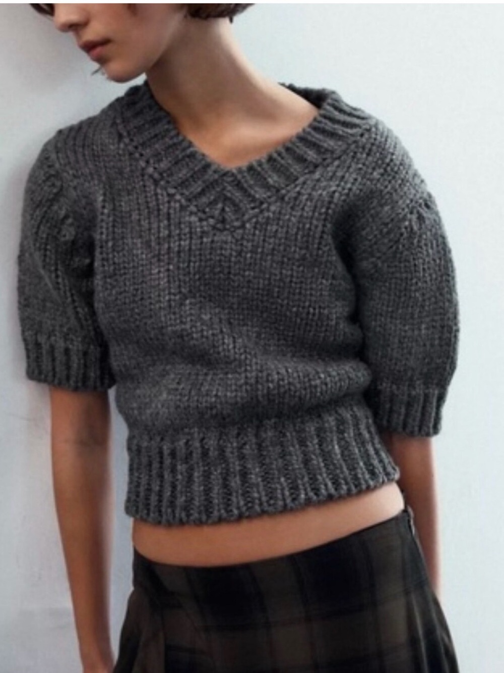 Zara Gray Ribbed Chunky Knit V-Neck Short Sleeve Pullover Sweater Top Size L